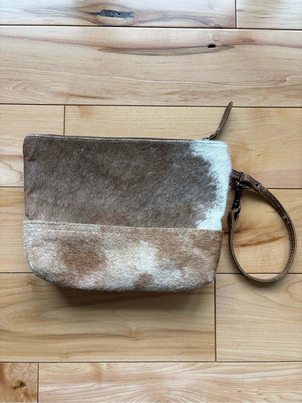 Myra Hairon Cowhide Wristlet Clutch in Brown & White